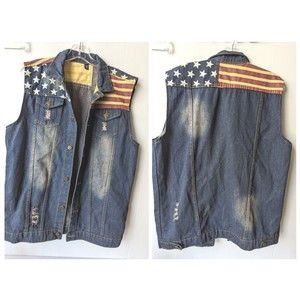 New Tang Ku Mens American Flag USA Dark Denim Biker Vest Sz L Distressed Patriot